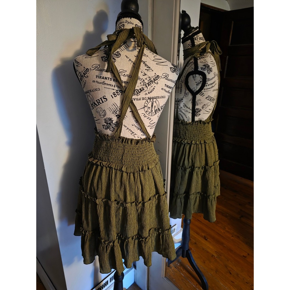 Olive Green Halter Mini Dress Tiered Ruffle Smocked Waist Crinkle Boho Sun Dress - Picture 3 of 3